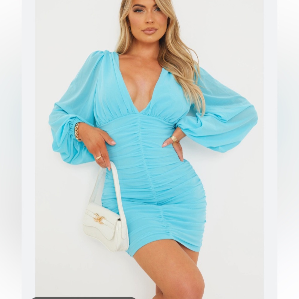 Blue Mesh Ruched Balloon Sleeve Bodycon Dress